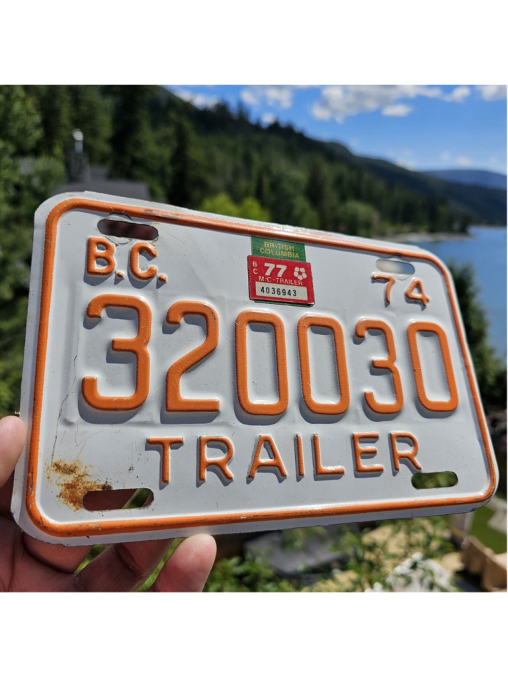 1974 British Columbia Trailer License Plate 320030 BC Canada Vintage Metal Plate